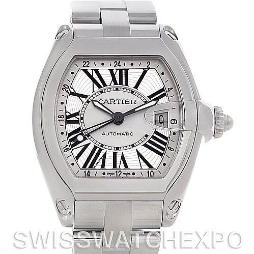 The image shows a frontal view of a Cartier Roadster W62032X6 Men's Stainless Steel Silver Dial W62032X6 Men's Stainless Steel Silver Dial watch, highlighting its dial, crown, and metal bracelet.