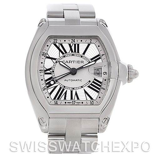 This image shows a front view of the Cartier Roadster W62032X6 Men's Stainless Steel Silver Dial W62032X6 Men's Stainless Steel Silver Dial watch, highlighting its dial, case, crown, and bracelet.