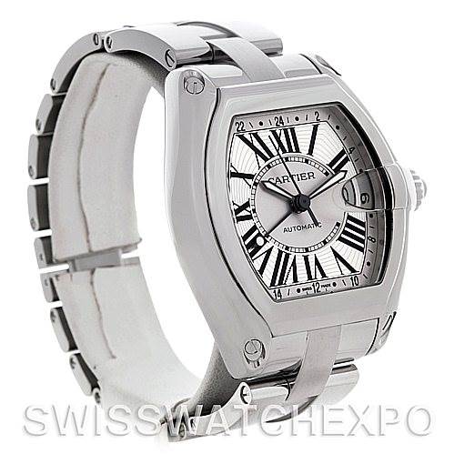 This image shows a front-left angled view of the Cartier Roadster W62032X6 Men's Stainless Steel Silver Dial W62032X6 Men's Stainless Steel Silver Dial watch, highlighting its face and part of the metal band.
