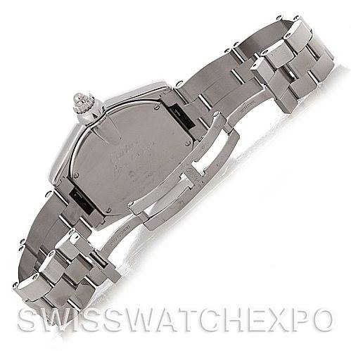 The image shows the backside and stainless steel bracelet of a Cartier Roadster W62032X6 Men's Stainless Steel Silver Dial W62032X6 Men's Stainless Steel Silver Dial watch.