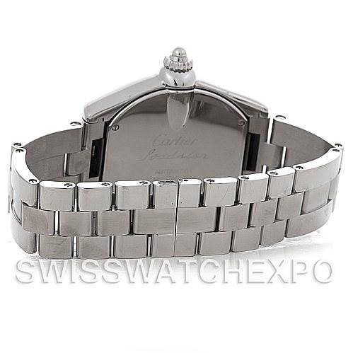 The image shows the back view of a Cartier Roadster W62032X6 Men's Stainless Steel Silver Dial W62032X6 Men's Stainless Steel Silver Dial watch, highlighting the case back and the stainless steel bracelet.
