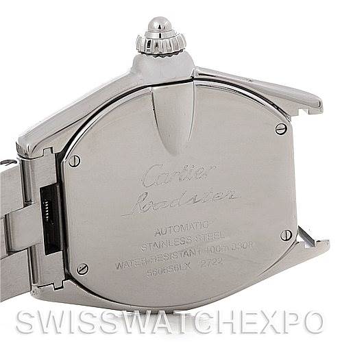 The image shows the back case and partial bracelet of a Cartier Roadster W62032X6 Men's Stainless Steel Silver Dial W62032X6 Men's Stainless Steel Silver Dial watch, viewed from the back.