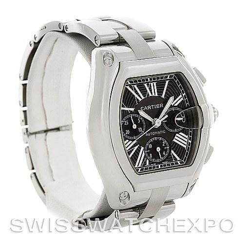 The image shows a Cartier Roadster W62020X6 Men's Stainless Steel Black Dial W62020X6 Men's Stainless Steel Black Dial watch at a slight side angle, displaying its face, band, and part of the clasp.