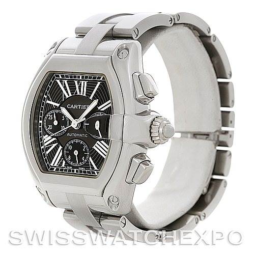 This image shows a side angle of the Cartier Roadster W62020X6 Men's Stainless Steel Black Dial W62020X6 Men's Stainless Steel Black Dial watch, highlighting its case, crown, pushers, and bracelet.