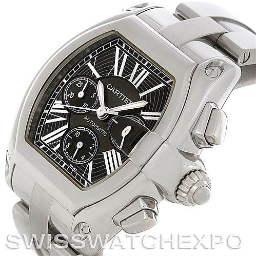 The image shows a close-up angle of the Cartier Roadster W62020X6 Men's Stainless Steel Black Dial W62020X6 Men's Stainless Steel Black Dial watch, highlighting the face, crown, and pushers.