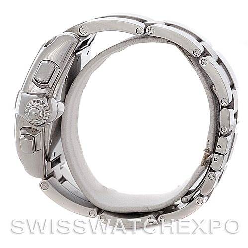 This image shows a Cartier Roadster W62020X6 Men's Stainless Steel Black Dial W62020X6 Men's Stainless Steel Black Dial watch from a side angle displaying its profile and bracelet detail.