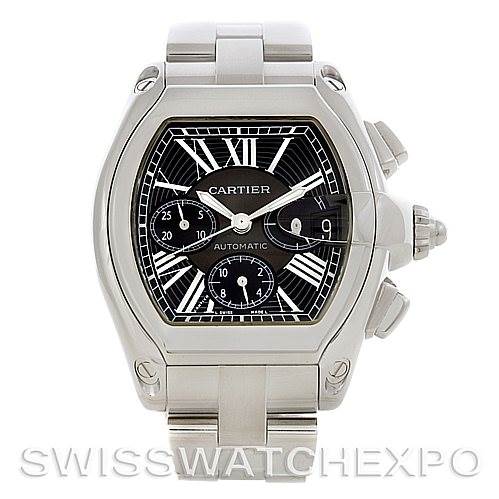 The image shows a front view of the Cartier Roadster W62020X6 Men's Stainless Steel Black Dial W62020X6 Men's Stainless Steel Black Dial watch, highlighting its face, bezel, crown, and part of the bracelet.
