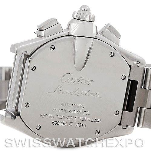 This image shows the back view of a Cartier Roadster W62020X6 Men's Stainless Steel Black Dial W62020X6 Men's Stainless Steel Black Dial watch, highlighting its stainless steel case and engraved details.