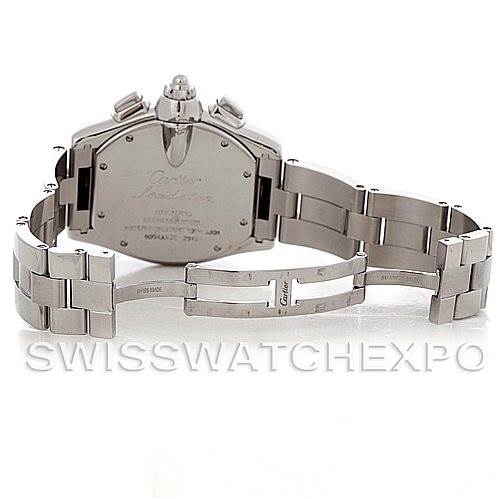 This image shows the back view of the Cartier Roadster W62020X6 Men's Stainless Steel Black Dial W62020X6 Men's Stainless Steel Black Dial watch, including its case back and metal bracelet with the clasp open.