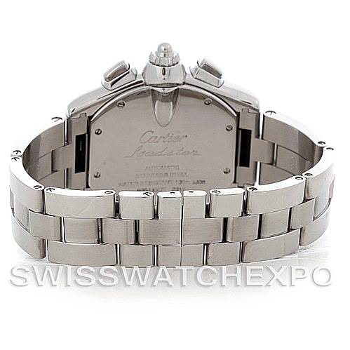 The image shows the back view of a Cartier Roadster W62020X6 Men's Stainless Steel Black Dial W62020X6 Men's Stainless Steel Black Dial watch, highlighting the clasp and stainless steel bracelet.