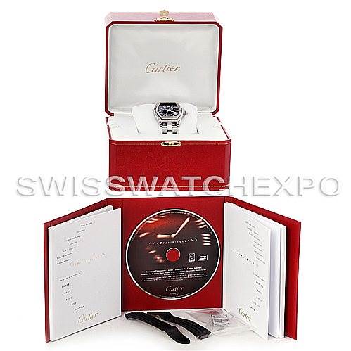 The image shows a Cartier Roadster W62041V3 Men's Stainless Steel Black Dial W62041V3 Men's Stainless Steel Black Dial watch with packaging, including a box, a CD, manuals, and additional watch straps.