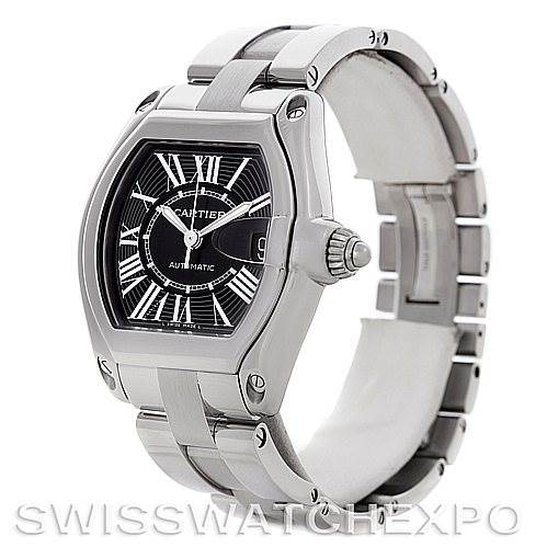 This image shows a Cartier Roadster W62041V3 Men's Stainless Steel Black Dial W62041V3 Men's Stainless Steel Black Dial watch from a three-quarter side angle, displaying the face, crown, and bracelet.