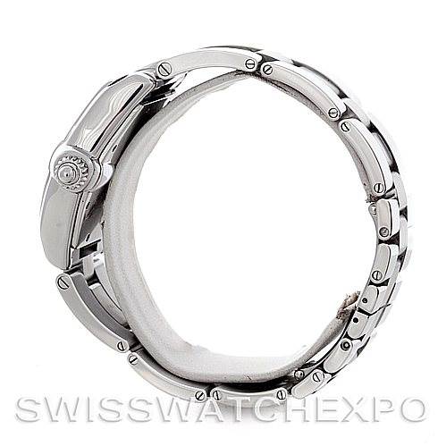 The image shows a side view of the Cartier Roadster W62041V3 Men's Stainless Steel Black Dial W62041V3 Men's Stainless Steel Black Dial watch, highlighting the crown, bezel, and bracelet.