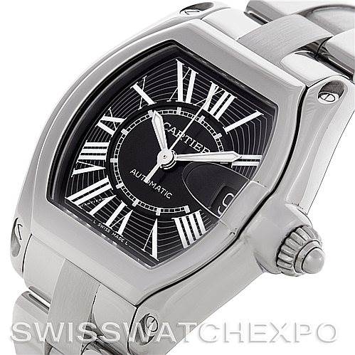 This image shows a Cartier Roadster W62041V3 Men's Stainless Steel Black Dial W62041V3 Men's Stainless Steel Black Dial watch from a three-quarter angle, highlighting the face, dial, and part of the bracelet.