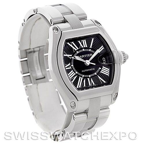 The image shows a side-angled view of the Cartier Roadster W62041V3 Men's Stainless Steel Black Dial W62041V3 Men's Stainless Steel Black Dial watch, highlighting its black dial, stainless steel case and bracelet.
