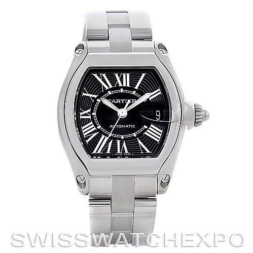 This image shows a frontal view of the Cartier Roadster W62041V3 Men's Stainless Steel Black Dial W62041V3 Men's Stainless Steel Black Dial watch, highlighting its face, dial, and bracelet.