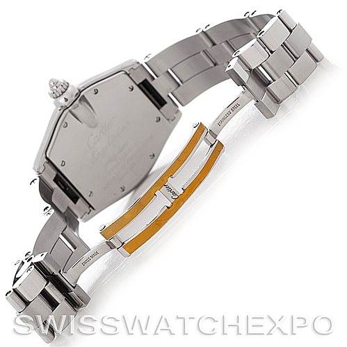 This image shows the back and bracelet of the Cartier Roadster W62041V3 Men's Stainless Steel Black Dial W62041V3 Men's Stainless Steel Black Dial model watch from an angled rear view.