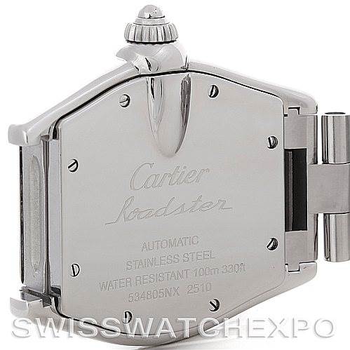 The image shows the back case of a Cartier Roadster W62041V3 Men's Stainless Steel Black Dial W62041V3 Men's Stainless Steel Black Dial watch at an angle, displaying engravings and stainless steel details.