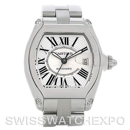 The image shows a front view of the Cartier Roadster W62025V3 Men's Stainless Steel Silver Dial W62025V3 Men's Stainless Steel Silver Dial watch, highlighting the face, casing, and part of the bracelet.