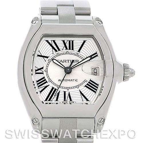 The image shows a front view of a Cartier Roadster W62025V3 Men's Stainless Steel Silver Dial W62025V3 Men's Stainless Steel Silver Dial watch, highlighting the dial, bracelet, and crown.