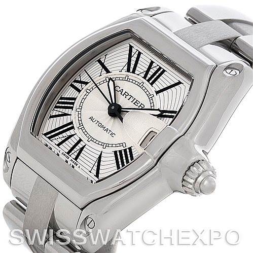The Cartier Roadster W62025V3 Men's Stainless Steel Silver Dial W62025V3 Men's Stainless Steel Silver Dial watch is shown from a three-quarter angle, displaying the face, crown, and part of the bracelet.