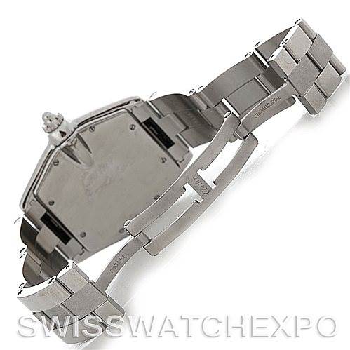 This image shows the back side and clasp of a Cartier Roadster W62025V3 Men's Stainless Steel Silver Dial W62025V3 Men's Stainless Steel Silver Dial watch, highlighting the stainless steel bracelet and deployment clasp.