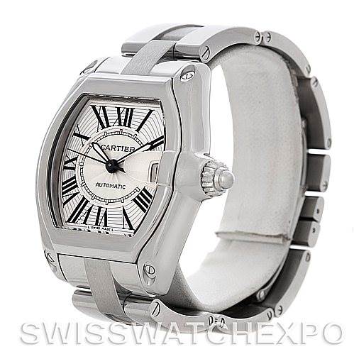 This image shows a Cartier Roadster W62025V3 Men's Stainless Steel Silver Dial W62025V3 Men's Stainless Steel Silver Dial model watch viewed from a three-quarter angle highlighting the face, crown, and bracelet.