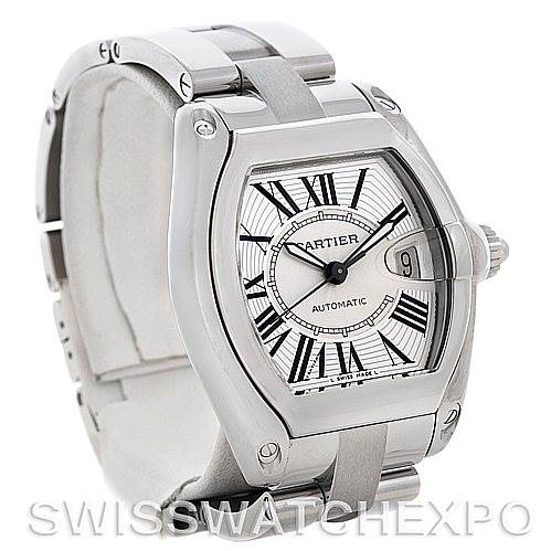 The image shows a Cartier Roadster W62025V3 Men's Stainless Steel Silver Dial W62025V3 Men's Stainless Steel Silver Dial watch taken from a front side angle, displaying its dial, case, and part of the bracelet.
