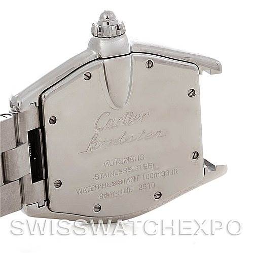 The image shows the back case of a Cartier Roadster W62025V3 Men's Stainless Steel Silver Dial W62025V3 Men's Stainless Steel Silver Dial watch, highlighting its stainless steel construction and detailing.