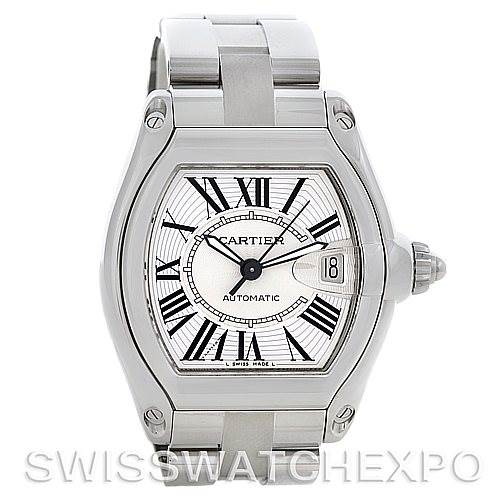 This image shows a front view of the Cartier Roadster W62025V3 Men's Stainless Steel Silver Dial W62025V3 Men's Stainless Steel Silver Dial watch, displaying its face, bezel, and bracelet.