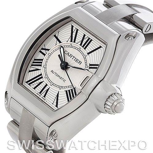 The image shows a Cartier Roadster W62025V3 Men's Stainless Steel Silver Dial W62025V3 Men's Stainless Steel Silver Dial model watch from an angled view, highlighting the dial, crown, and part of the bracelet.