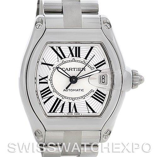 The image shows a front view of the Cartier Roadster W62025V3 Men's Stainless Steel Silver Dial W62025V3 Men's Stainless Steel Silver Dial watch, displaying its face, bezel, and part of the bracelet.