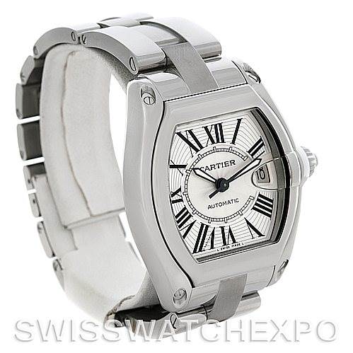 The image shows a Cartier Roadster W62025V3 Men's Stainless Steel Silver Dial W62025V3 Men's Stainless Steel Silver Dial watch at a 3/4 angle, highlighting the face, bracelet, and crown.