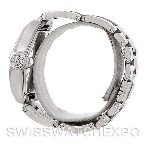 This image shows a side view of a Cartier Roadster W62025V3 Men's Stainless Steel Silver Dial W62025V3 Men's Stainless Steel Silver Dial watch, highlighting the crown and metal bracelet.