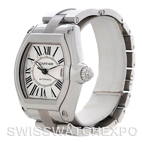 This image shows the Cartier Roadster W62025V3 Men's Stainless Steel Silver Dial W62025V3 Men's Stainless Steel Silver Dial watch at an angle highlighting its face, case, crown, and part of the bracelet.