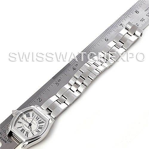 The image shows the Cartier Roadster W62025V3 Men's Stainless Steel Silver Dial W62025V3 Men's Stainless Steel Silver Dial watch from a top view, highlighting the full bracelet and case against a ruler for measurement.