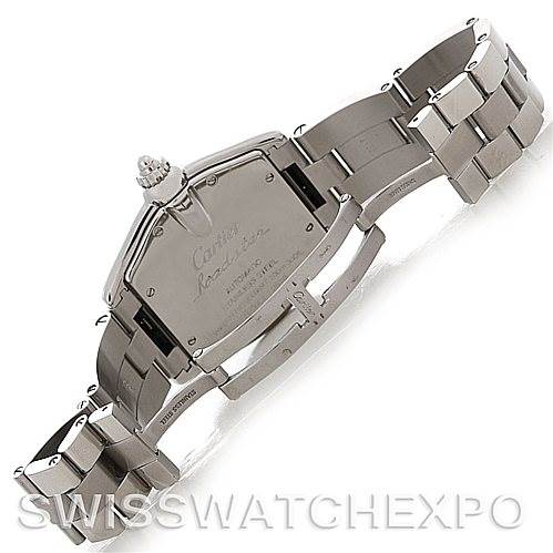 The image shows the back case, crown, and bracelet of a Cartier Roadster W62025V3 Men's Stainless Steel Silver Dial W62025V3 Men's Stainless Steel Silver Dial watch from an angled view.