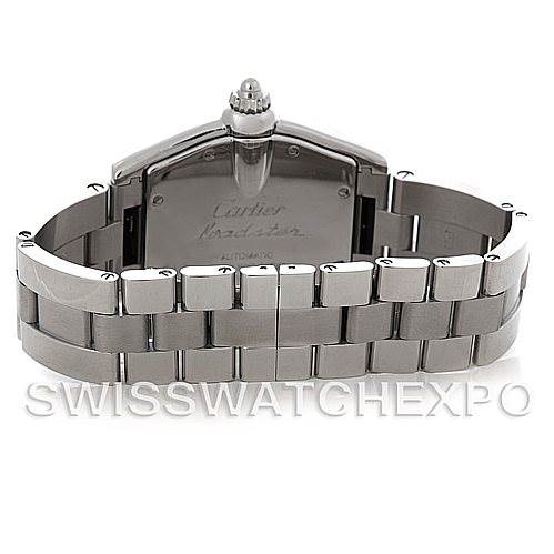 This image displays the back view of a Cartier Roadster W62025V3 Men's Stainless Steel Silver Dial W62025V3 Men's Stainless Steel Silver Dial watch, showcasing its clasp, bracelet, and case back.