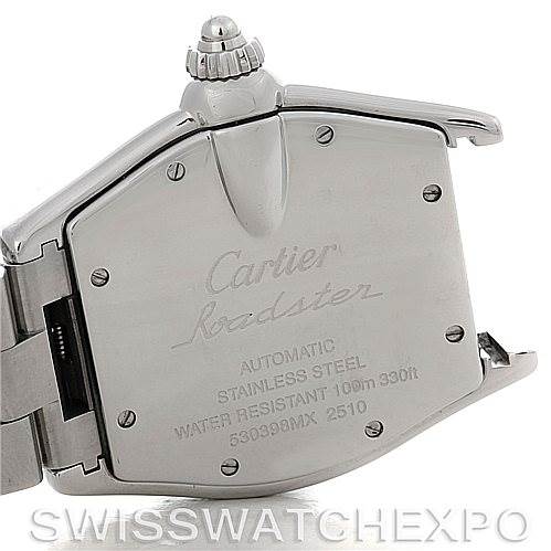 This image shows the back case of a Cartier Roadster W62025V3 Men's Stainless Steel Silver Dial W62025V3 Men's Stainless Steel Silver Dial watch, highlighting the model and brand engraving.