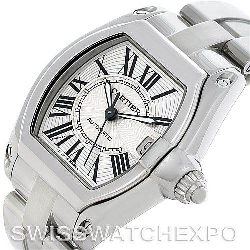 This image shows the face and band of a Cartier Roadster W62025V3 Men's Stainless Steel Silver Dial W62025V3 Men's Stainless Steel Silver Dial watch, viewed from a slightly angled perspective.
