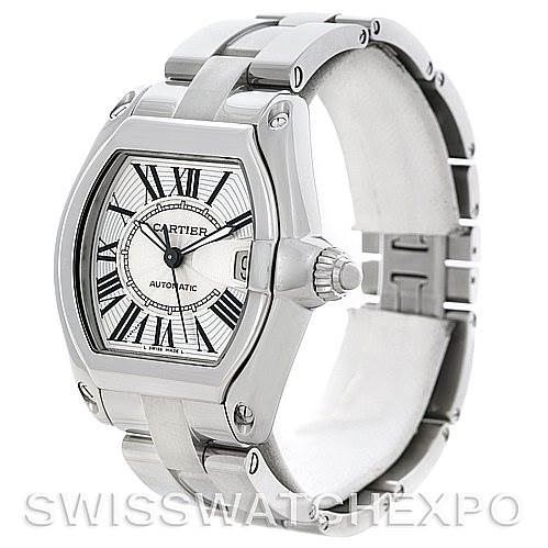 The image shows a Cartier Roadster W62025V3 Men's Stainless Steel Silver Dial W62025V3 Men's Stainless Steel Silver Dial watch from an angle highlighting its face, crown, and bracelet.