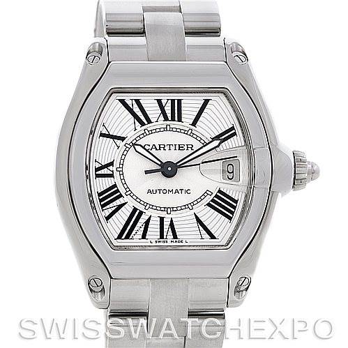 The image shows a frontal view of a Cartier Roadster W62025V3 Men's Stainless Steel Silver Dial W62025V3 Men's Stainless Steel Silver Dial watch displaying its dial, case, bezel, crown, and bracelet.