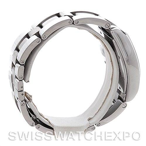 This image shows a side view of Cartier's Roadster model watch, highlighting the stainless steel bracelet and case.