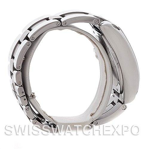 The image shows a side profile of a Cartier Roadster W62019X6 Men's Stainless Steel Silver Dial W62019X6 Men's Stainless Steel Silver Dial watch focusing on its bracelet and case.