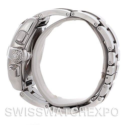 This image shows the side view of the Cartier Roadster W62019X6 Men's Stainless Steel Silver Dial W62019X6 Men's Stainless Steel Silver Dial watch, highlighting its crown, pushers, and bracelet.