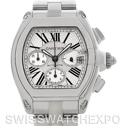 This image shows a frontal view of the Cartier Roadster W62019X6 Men's Stainless Steel Silver Dial W62019X6 Men's Stainless Steel Silver Dial watch, showcasing its dial, bezel, and bracelet.