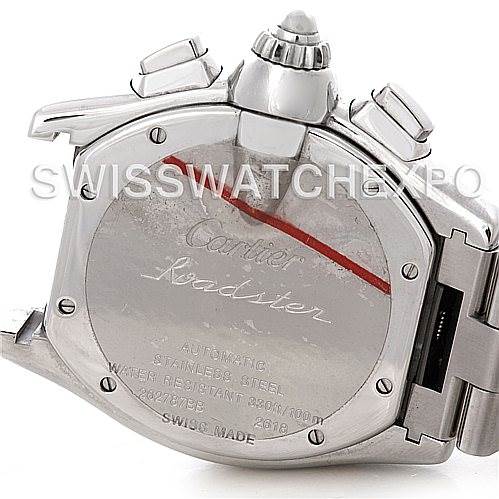 The image shows the back case of the Cartier Roadster W62019X6 Men's Stainless Steel Silver Dial W62019X6 Men's Stainless Steel Silver Dial model watch, highlighting details such as the engraving and the crown.