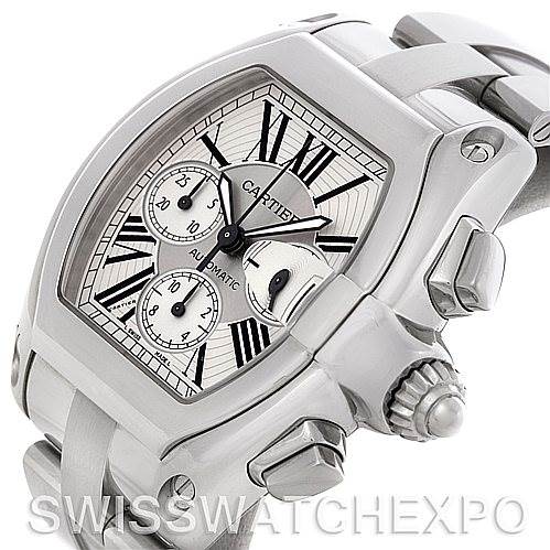 This image shows a close-up side angle of the Cartier Roadster W62019X6 Men's Stainless Steel Silver Dial W62019X6 Men's Stainless Steel Silver Dial watch, highlighting the dial, bezel, crown, and strap.