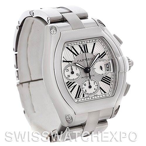 The image shows a three-quarter angled view of a Cartier Roadster W62019X6 Men's Stainless Steel Silver Dial W62019X6 Men's Stainless Steel Silver Dial watch, highlighting the face, bezel, and part of the bracelet.