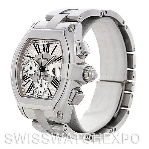 The image shows a side and front angle of the Cartier Roadster W62019X6 Men's Stainless Steel Silver Dial W62019X6 Men's Stainless Steel Silver Dial watch, highlighting the case, crown, bracelet, and dial.